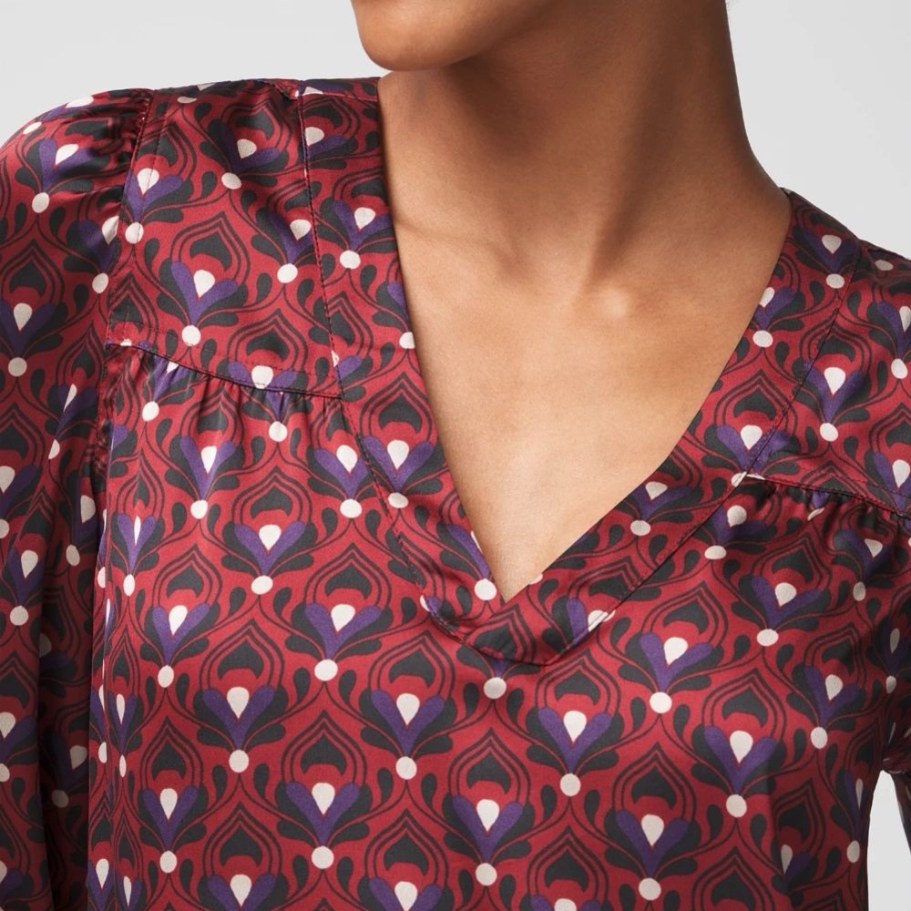 WHBM V-Neck Long Sleeve Printed Blouse - Burgundy Multi Small - Picture 3 of 15